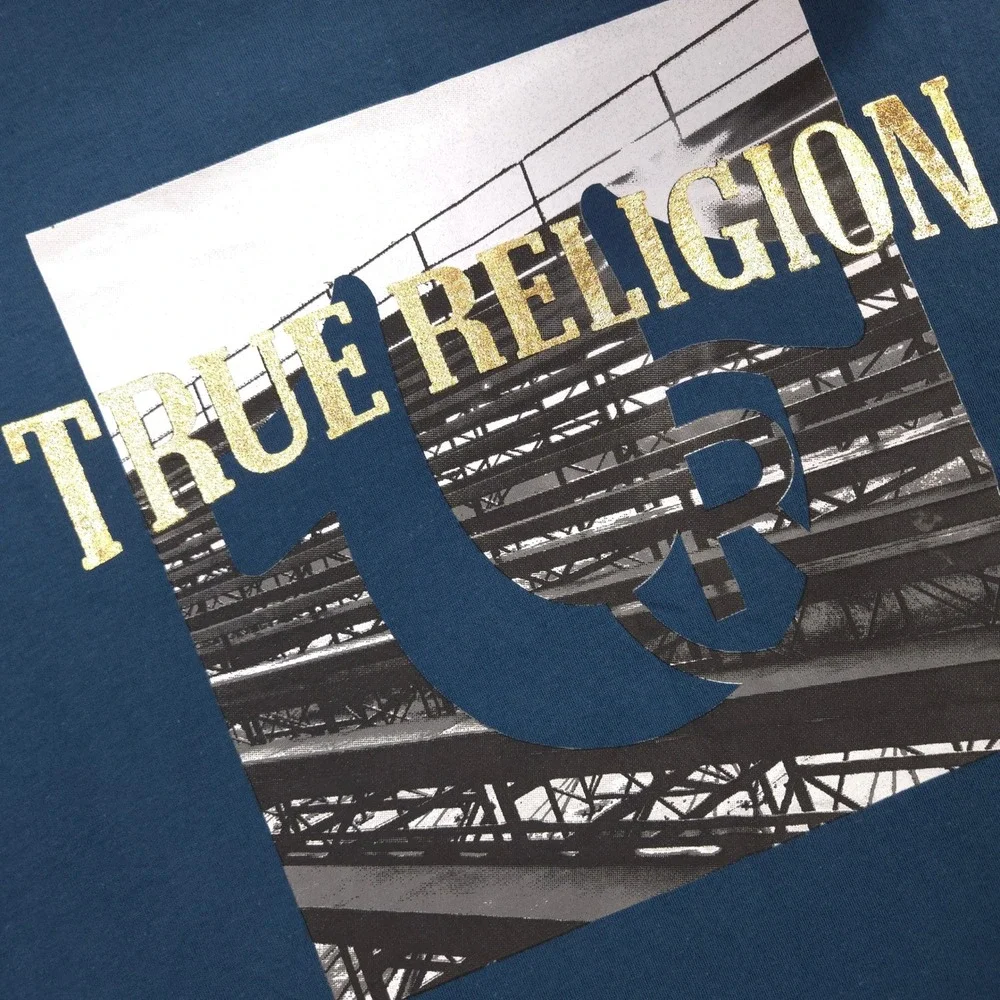 True Religion T Shirt Mens 3XL Majolica Blue Bench Graphic Short Sleeve Crew NEW